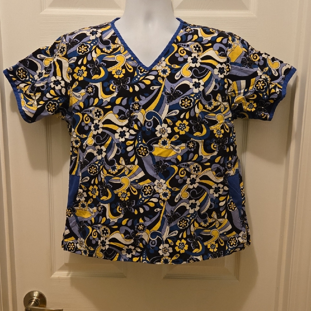 Floral & Butterflies Scrubs Top Shirt - Blue, White, Black & Yellow